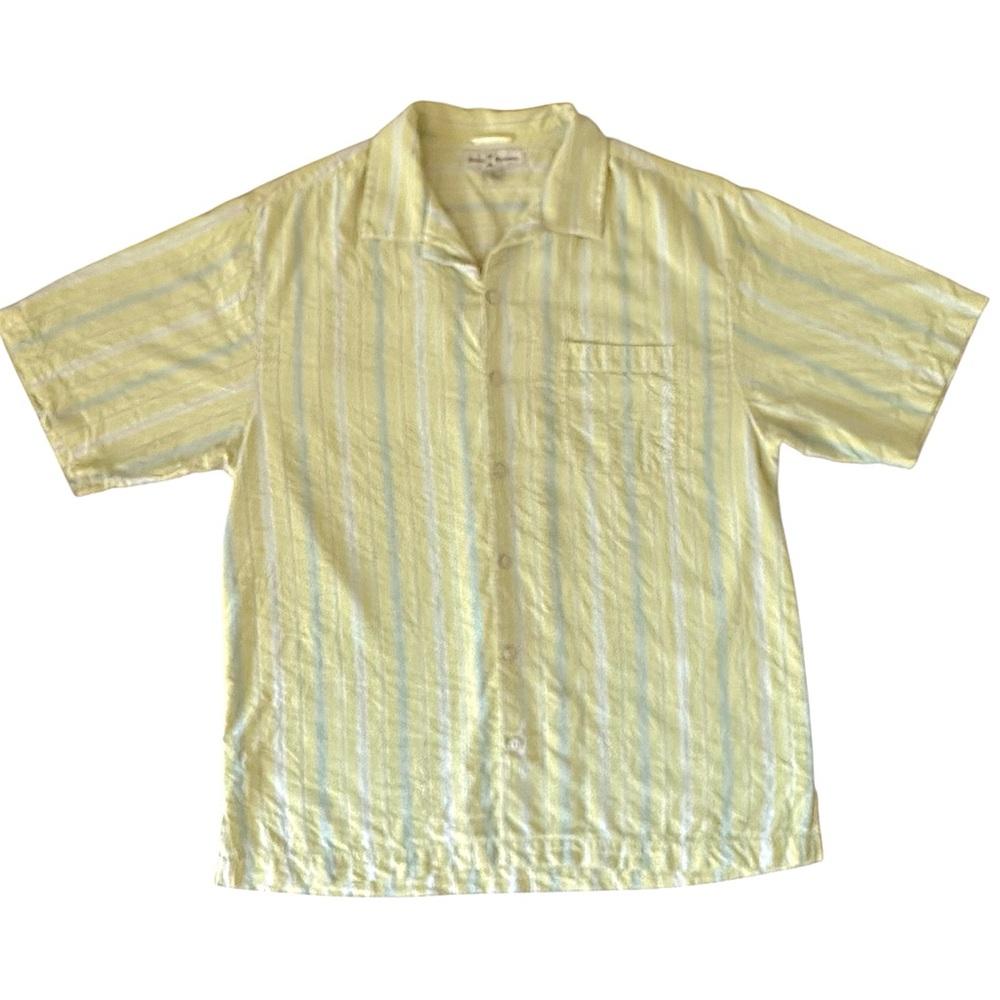 TOMMY BAHAMA 100% silk yellow striped button front mens shirt size M